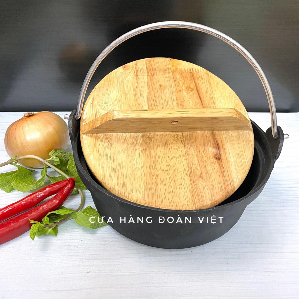 Nồi Gang, Thố Gang Nắp Gỗ Cao Cấp - Nồi Nấu Mì Cay, Cơm Chiên, Thố Lẩu, Kho Tộ - CHỐNG DÍNH NẮP GỖ nặng 1500g