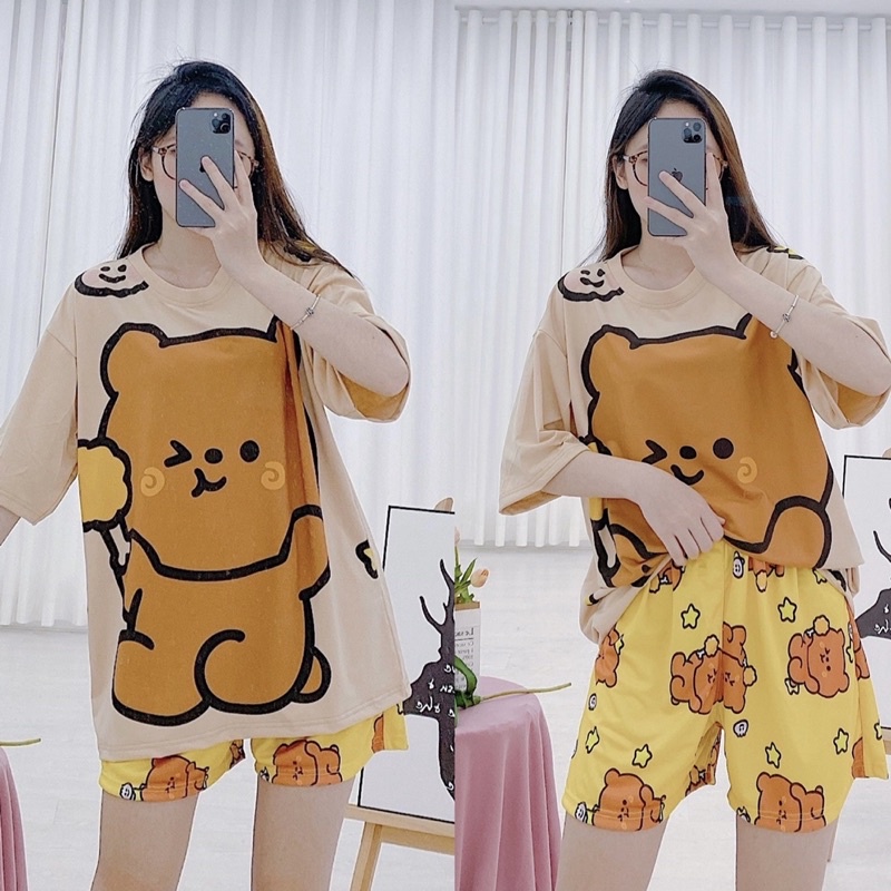 Đồ bộ mặc nhà form rộng unisex in hoạt hình chất thun thoáng mát nguyên set đồ ngủ đồ đi chơi in hình dễ thương