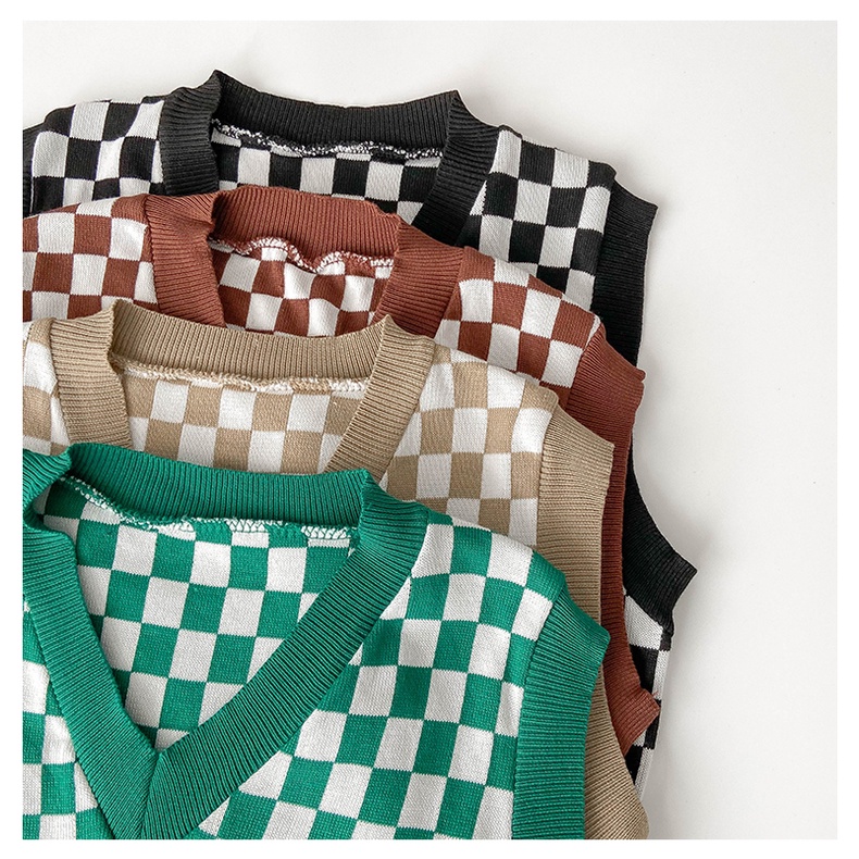 Áo len không tay cổ chữ v form rộng họa tiết sọc caro phong cách Hàn quốc