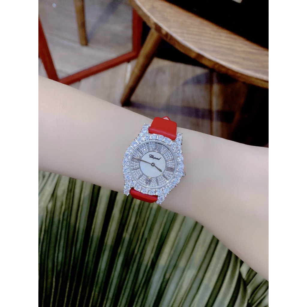 Đồng hồ nữ chính hãng, đồng hồ đeo tay authentic CHOPARD full box, mặt tròn, dây da, đính kim cương nhân tạo Swarovski