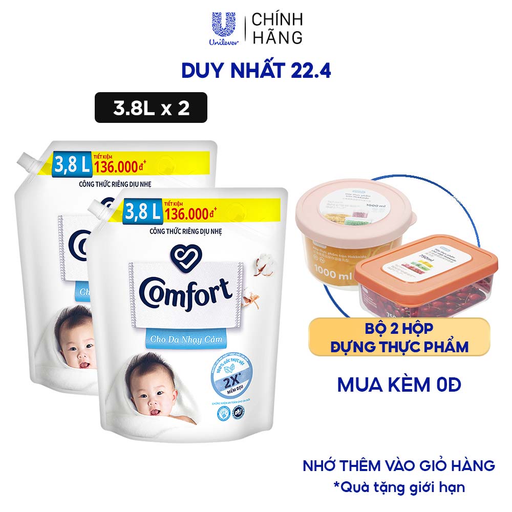 Combo 2 Nước xả vải Comfort Cho Da Nhạy Cảm Túi 3.8L - Phù hợp với cả em bé