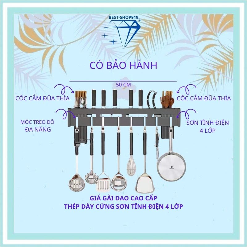Kệ Gài Dao Kéo Dán Tường Bằng Thép Không Rỉ Sơn 4 Lớp Tĩnh Điện Có Móc Treo Giá Kệ Để Đồ Nhà Bếp Cao Cấp