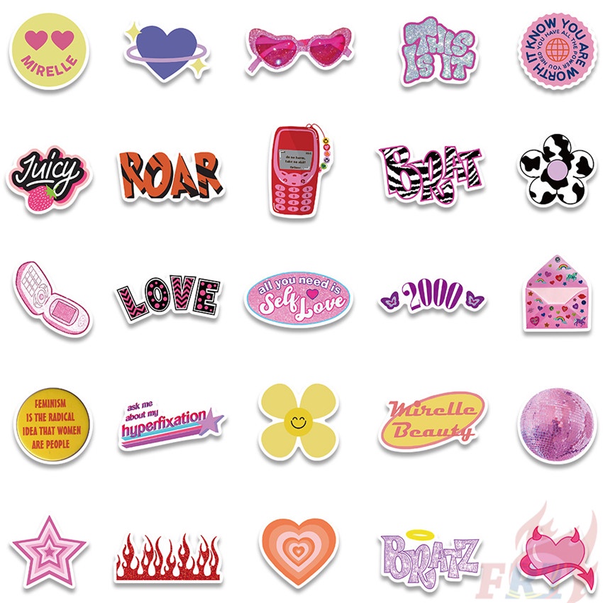 Bộ 100 Cái ❉ Sticker Dán Trang Trí Màu Hồng Xinh Xắn Đáng Yêu ❉ Sticker Dán Tường Chống Thấm Nước Họa Tiết Doodle Hợp Thời Trang