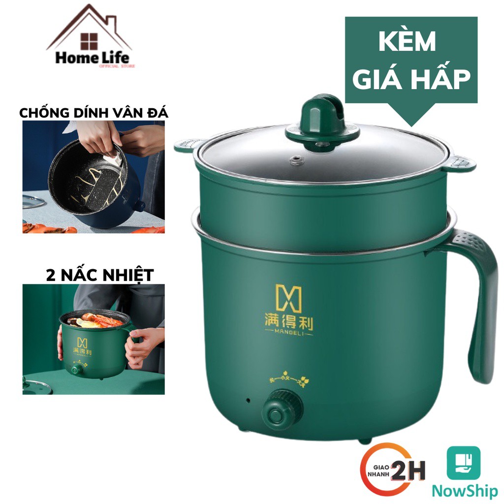 Nồi Lẩu Mini, Nấu Mì, Nấu Cơm Đa Năng Có Tay Cầm 1,8L - Nồi Điện 2 Nấc Nhiệt Mẫu Mới 2021 Kèm Giá Hấp