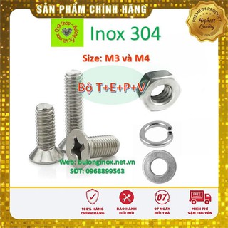 Vít pake đầu bằng inox size M3 và M4 (Bộ TEPV) , ốc 4 cạnh đầu  non inox, ốc vặn tua vít đầu bằng thân bulong, inox 304