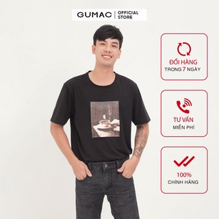 Áo thun nam in cốc cafe GUMAC màu đen, đủ size, thiết kế basic ABA1243