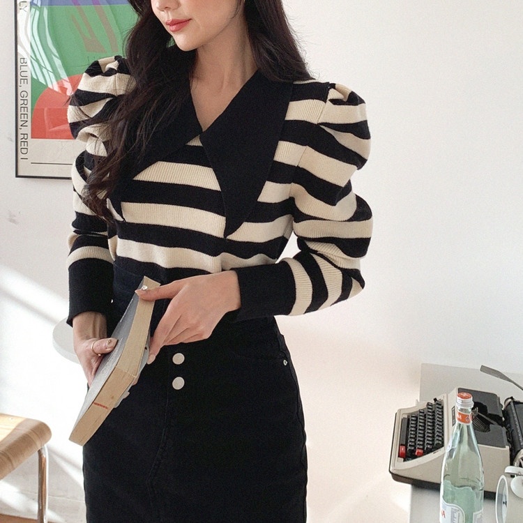 Áo sweater dệt kim SUXI tay dài kẻ sọc ngang thời trang cho nữ