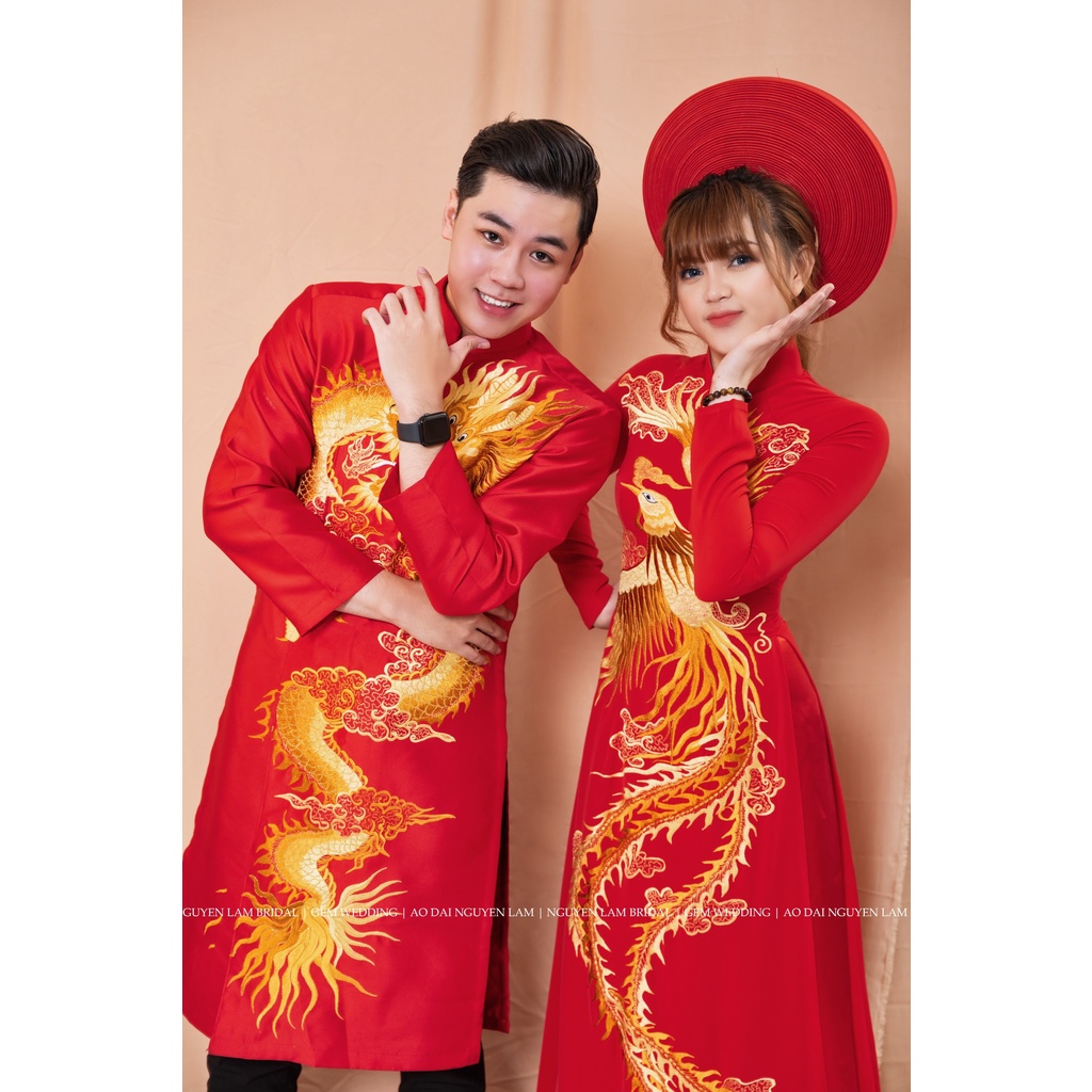 ÁO DÀI CƯỚI THÀNH HÔN CẶP NAM NỮ , HỌA TIẾT THÊU RỒNG PHỤNG CAO CẤP  | AODAINGUYENLAM