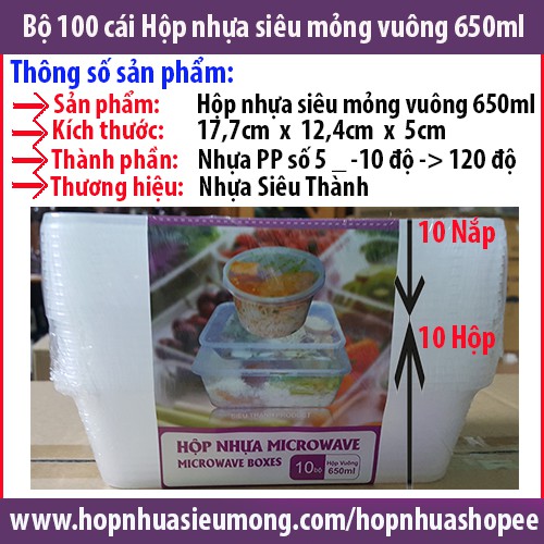 Set 100 cái hộp + nắp hộp microwave vuông 650ml đựng Thực Phẩm / Thức Ăn / Kim Chi / Chân Gà