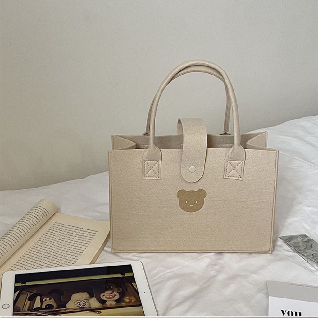 Túi Xách Vải Nỉ Màu Trơn Cỡ Lớn Hình Gấu Đa Năng Màu Sắc Đơn Giản