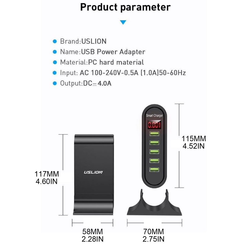Tẩu Sạc 5 Cổng USB 5V 4A Nhiều Cổng Cho Màn Hình Kỹ Thuật Số Thông Minh