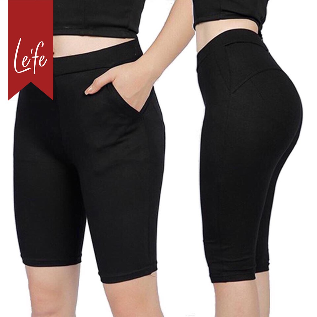Quần legging lửng Léfe vải thun cao cấp biker nữ đùi ngố đồ mặc nhà dáng ôm bó lưng thun tập gym yoga bigsize bầu bí | BigBuy360 - bigbuy360.vn