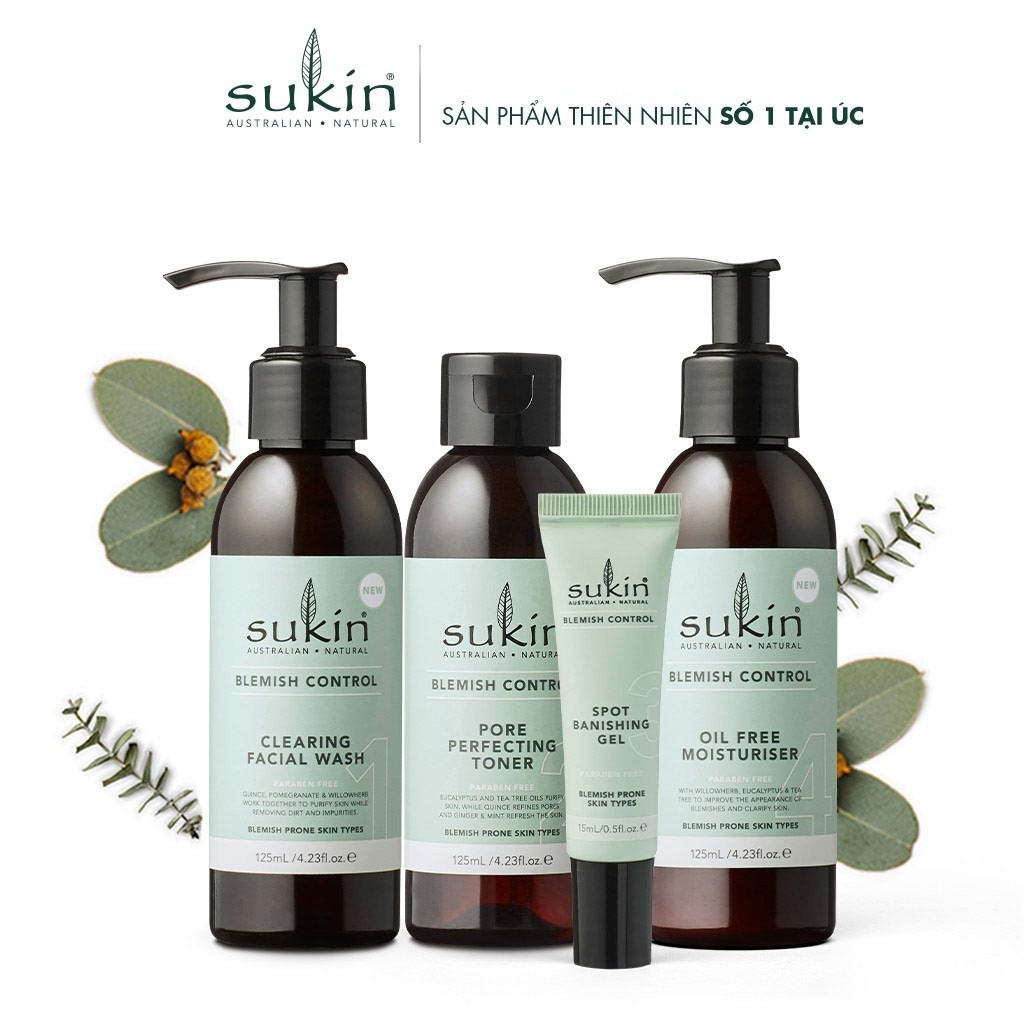 Bộ 4 sản phẩm chăm sóc da mụn toàn diện Sukin Blemish Control (Sữa rửa mặt + Nước cân bằng + Gel trị mụn + Kem dưỡng ẩm)