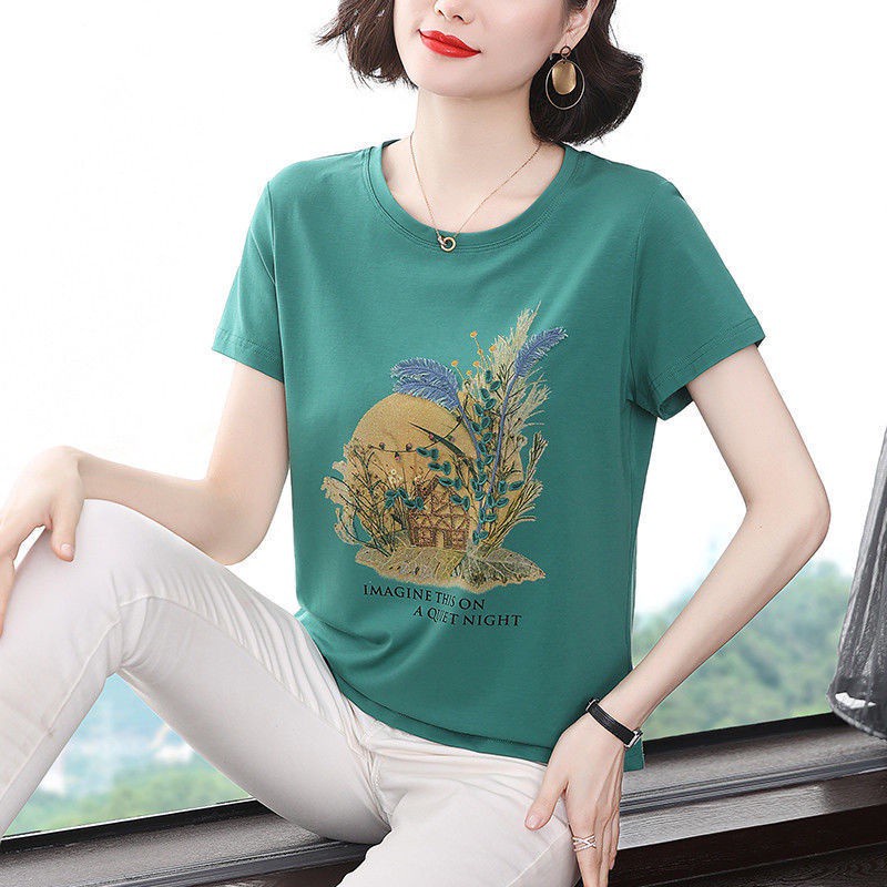 Áo Thun Tay Ngắn Cổ Tròn Plus Size Dành Cho Phụ Nữ Trung Niên