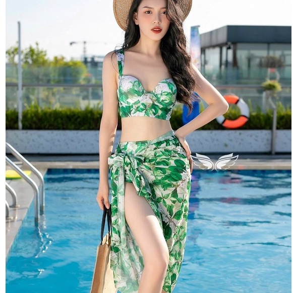 Bikini Nữ Hai Mảnh ComBo 3 Món, Đồ Bơi Đi Biển Hai Mảnh Kèm Khăn Voan Họa Tiết Sang Đẹp Binsports BHV165 Hoa Xanh