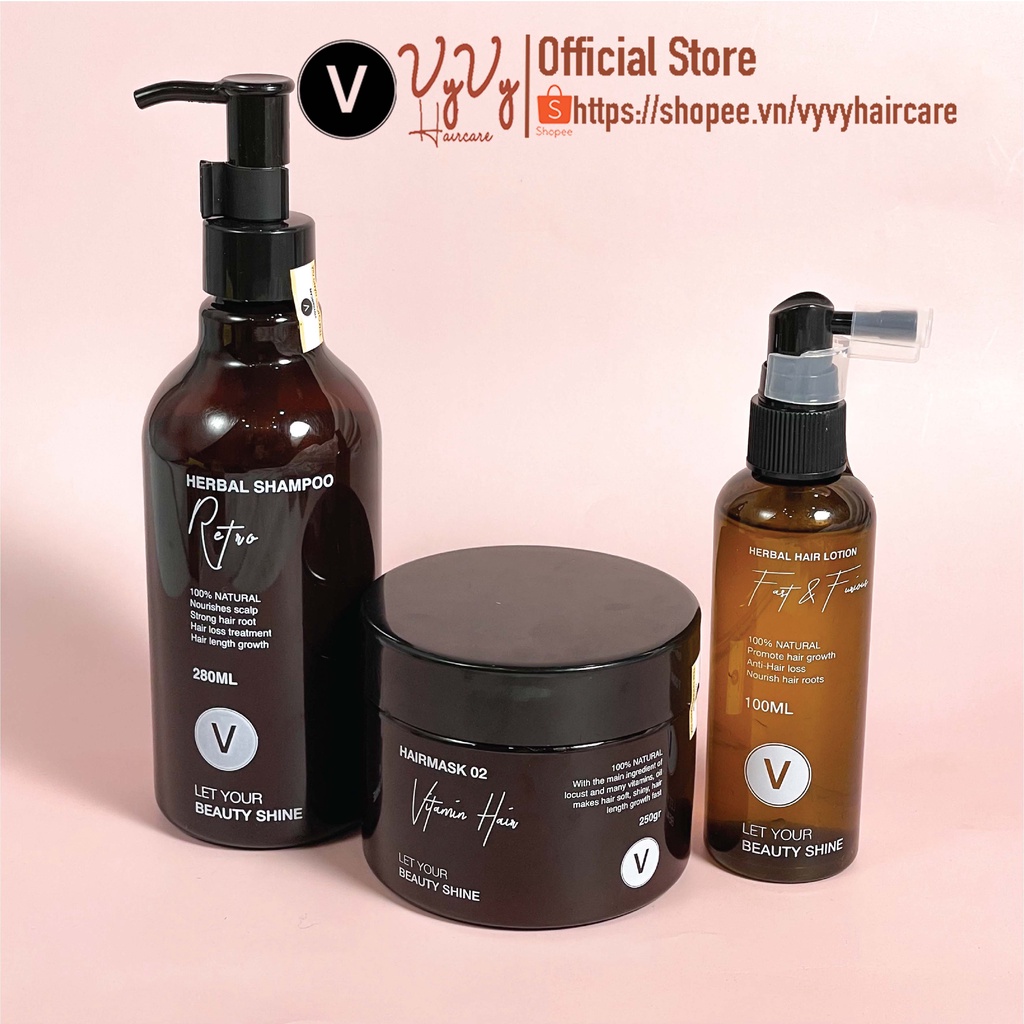 Bộ sản phẩm gội ủ xịt giảm rụng kích mọc cho da đầu khỏe tóc bóng mượt combo 6 vyvyhaircare V 630ml