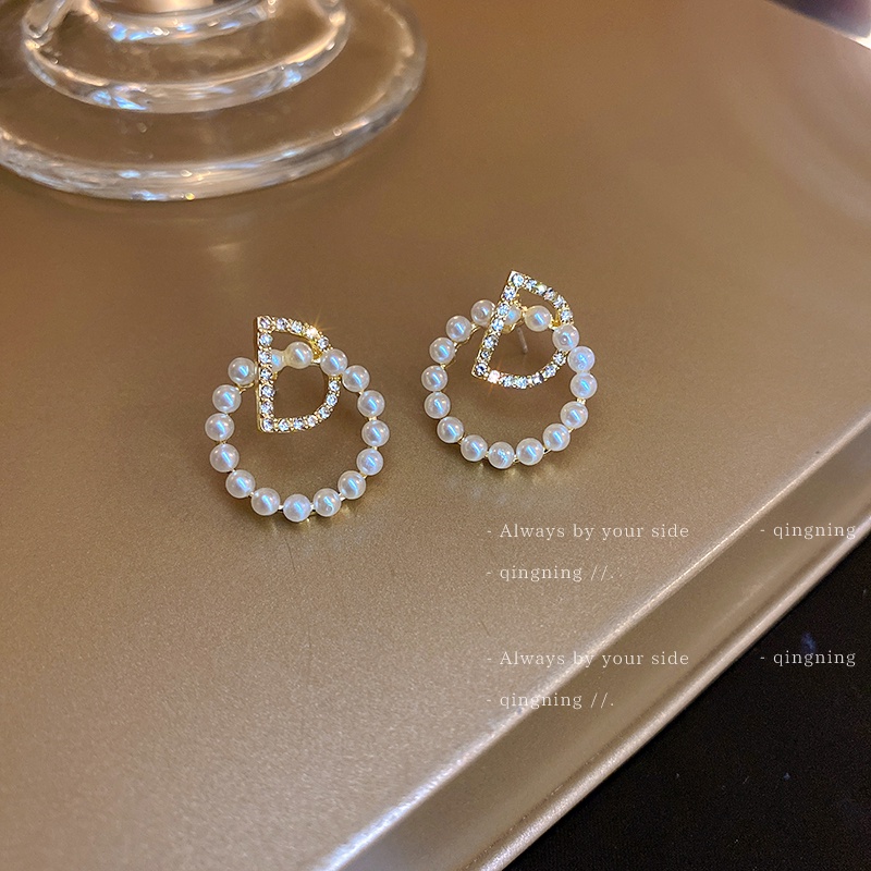 DREJEW Bông Tai Hình Chữ D Đính Ngọc Trai Kim Cương Giả Phong Cách Hàn Quốc Đơn Giản Dễ Phối Đồ