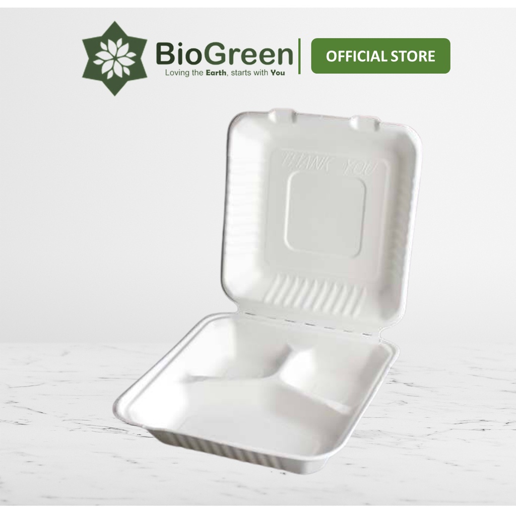 50 hộp bã mía 3 ngăn 1000ml, hộp bento Biogreen