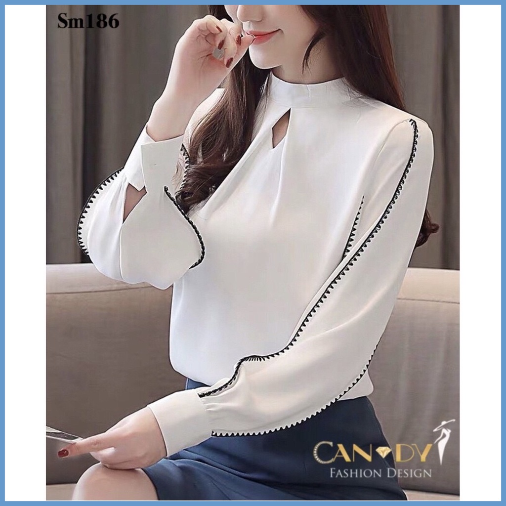Áo sơ mi trắng nữ kiểu công sở tay bồng khoét giọt lệ viền tay SM186 Candy Fashion