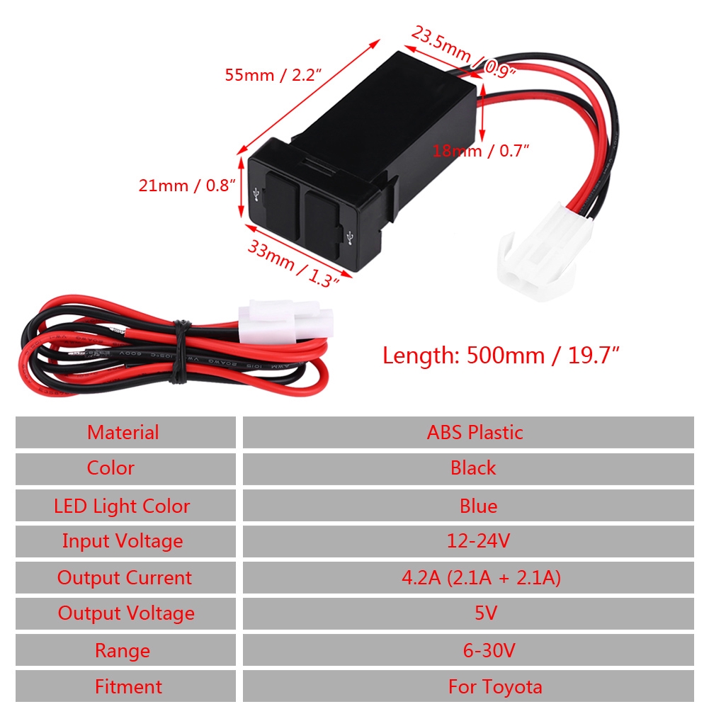 Bộ sạc điện thoại trên xe hơi 12V-24V 2.1A hai cổng USB dành cho điện thoại Toyota