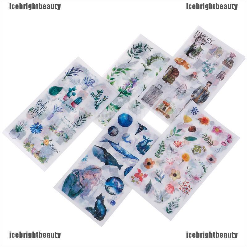 Set 6 tờ sticker dán trang trí hình cá voi/thực vật dễ thương