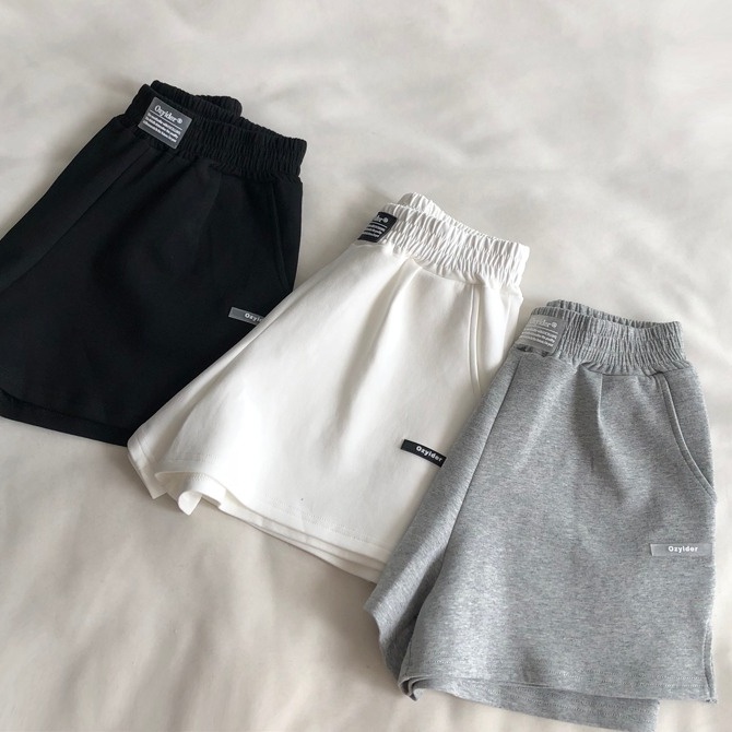 Quần short SUXI thể thao lưng cao ống rộng màu trơn in chữ đơn giản thời trang mùa hè cho nữ