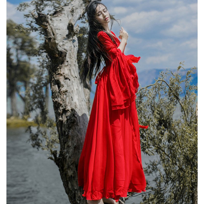 Váy boho đỏ dáng dài tay chuông - MS101 (Có ảnh thật)