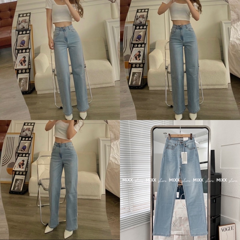 Quần jean nữ ống suông Zara lưng cao chất co giãn thoải mái phom dài 98cm tôn dáng