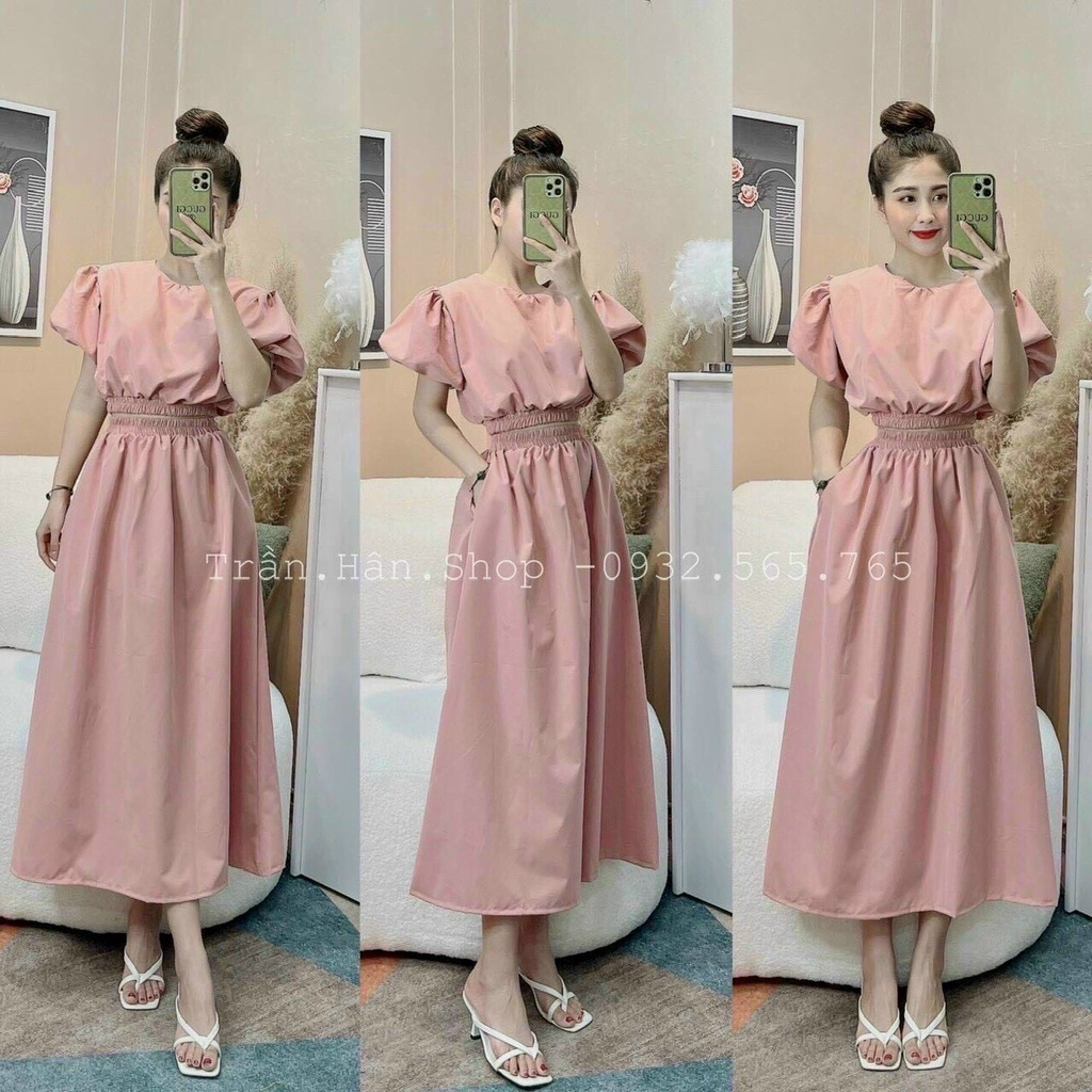sét bộ váy dài phối áo kiểu cổ tròn tay ngắn bồng