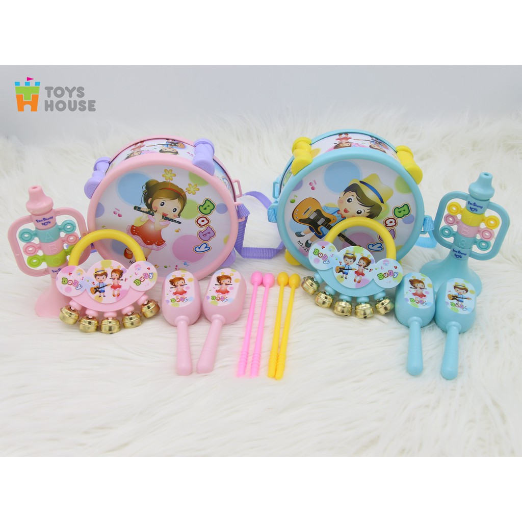 Set đồ chơi Xúc xắc, lục lạc, kèn, trống Toyshouse dành cho bé từ sơ sinh 733 - giúp bé phát triển thị giác, thính giác