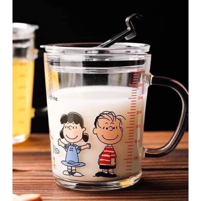 Ly thủy tinh chia vạch pha sữa, nước trái cây cho bé 350ml kèm ống hút và nắp chống tràn
