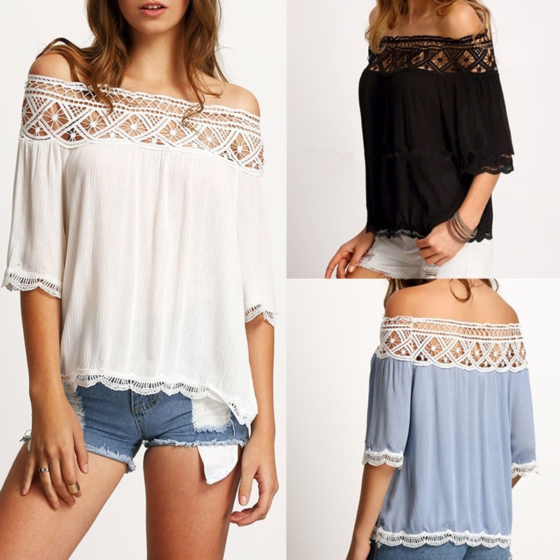 ☛☏❤Fashion Women Sexy Off Shoulder Casual Short Sleeve Lace Slim T-Shirt Top Blouse