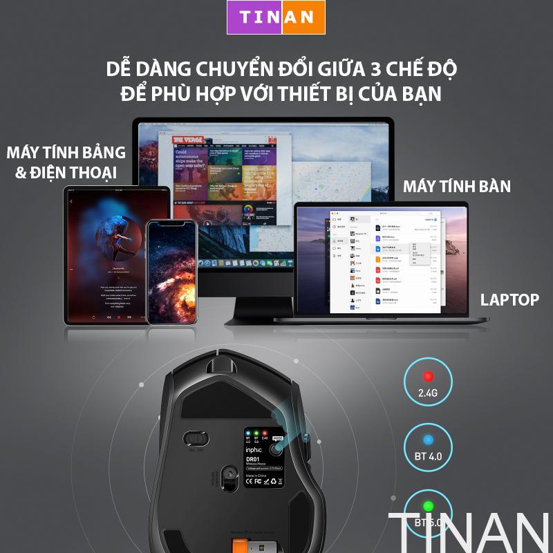 Chuột Sạc Không Dây Inphic DR01, 3 Chế Độ Kết Nối Đa Thiết Bị Cho Máy Tính Bảng, Laptop. Bluetooth + 2.4G