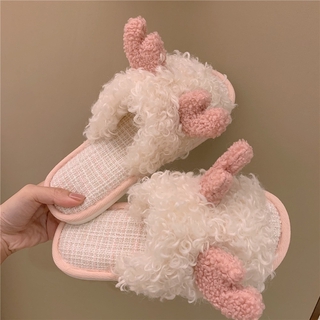 【Messiya】Ins Fashion Cute Girl's Heart One Word Wool Slippers For Women's Antiskid And Warm Keeping In Autumn And Winter