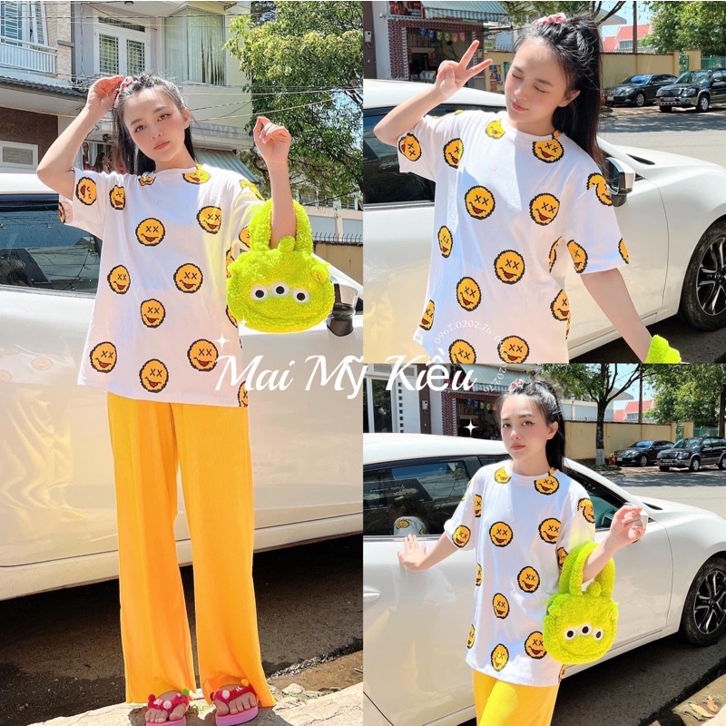 SET QUẦN ỐNG SUÔNG PHỐI ÁO THUN MẶT CƯỜI SIÊU HOT ( kèm hình thật)