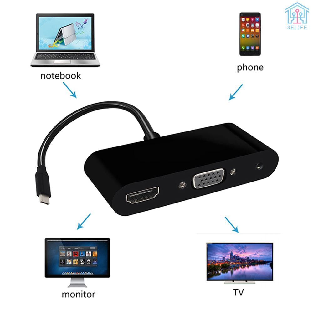 【E&V】USB-C Type-C to HD VGA 3.5mm Audio 3 in 1 Converter Adapter with USB 3.0 HUB