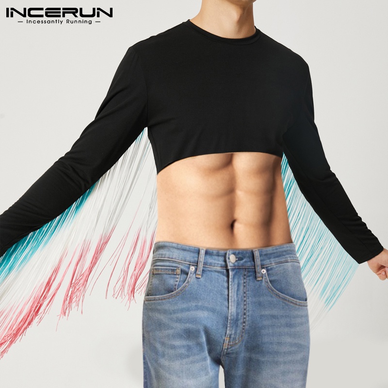 Áo croptop INCERUN tay dài phối tua rua nhiều màu sắc thời trang cho nam