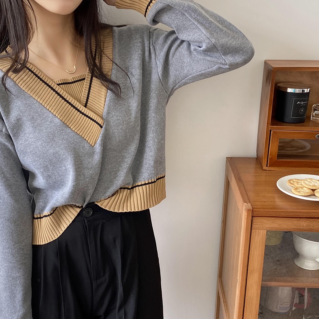 Áo len cổ chữ V form rộng theo phong cách retro Hàn Quốc