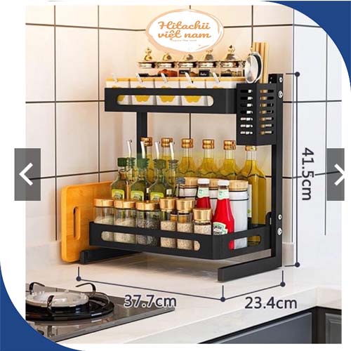 Kệ gia vị thép đen đa năng 2 tầng có ống cắm đũa và giá để thớt đa năng tiện dụng, Kệ nhà bếp đa năng 2 tầng