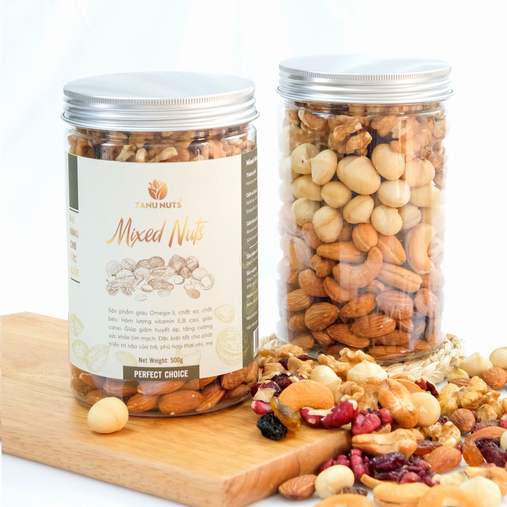 Hạt mix dinh dưỡng 4 loại macca, óc chó, hạnh nhân, hạt điều TANU NUTS thơm ngon bổ dưỡng 500g