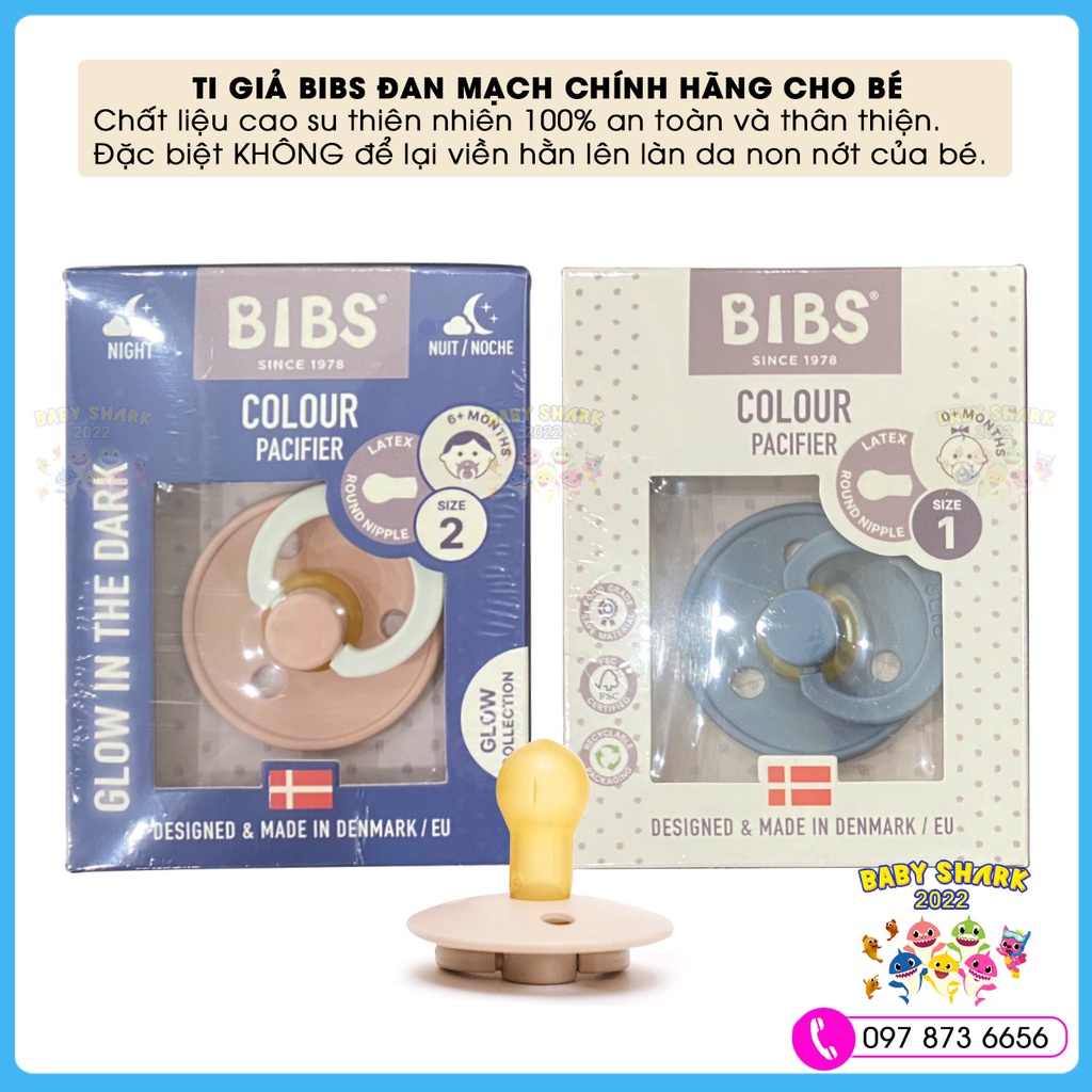 Ti giả núm tròn classic chống hô cho bé BIBS COLOUR chính hãng Đan Mạch Size 1,2 từ cao su thiên nhiên 100% (Latex)