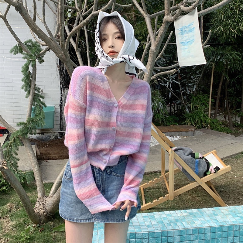 Áo Khoác Cardigan Dệt Kim Cổ Chữ V Tay Dài Dáng Rộng Kẻ Sọc Cầu Vồng Xinh Xắn Cho Nữ