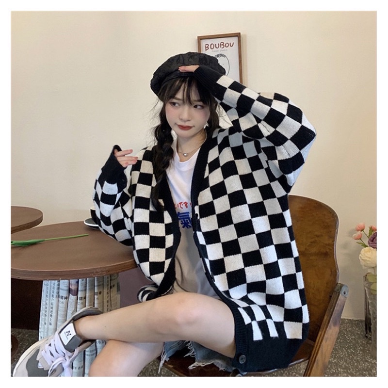 ÁO LEN CARDIGAN SỌC CARO PHONG CÁCH HÀN QUỐC DÁNG RỘNG NAM NỮ ĐỀU MẶC ĐƯỢC