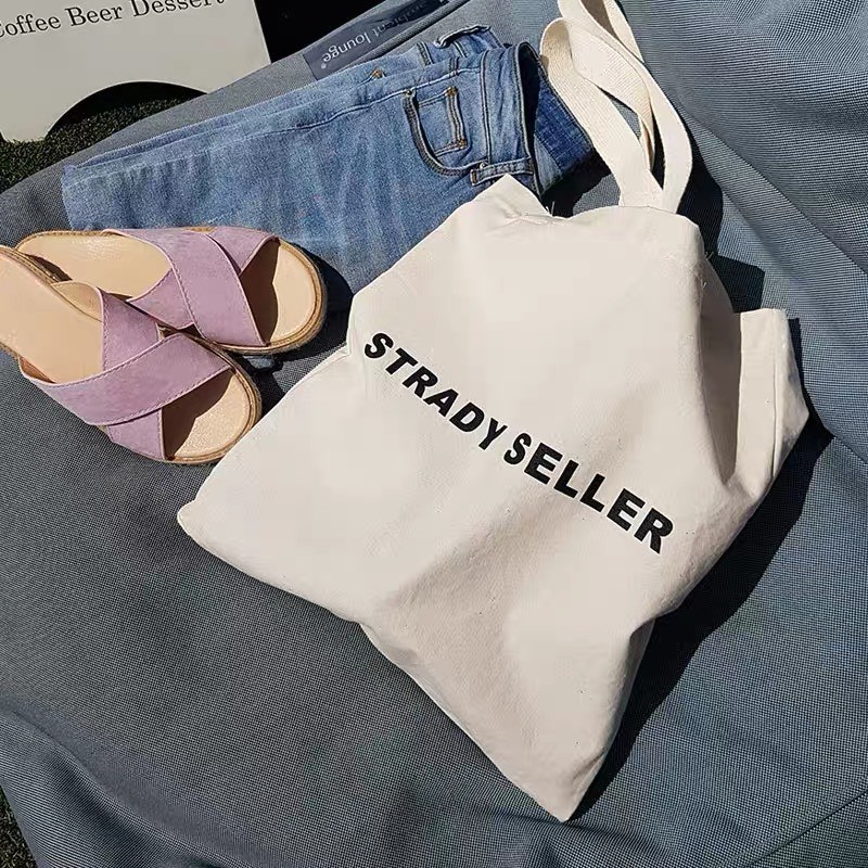 BST Túi Tote Vải Canvas in chữ đơn giản phong cách vintage Hàn Quốc
