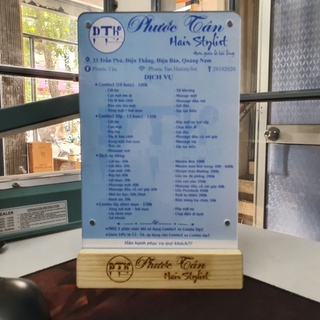 Standee menu mica đài loan, đế gỗ khắc tên