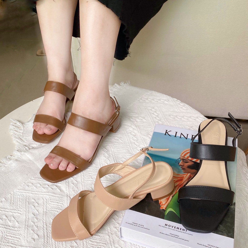 Dép đế trấu giày sandal nữ cao gót quai ngang 5cm Birken mũi vuông gót trụ Detaunisex - SX04