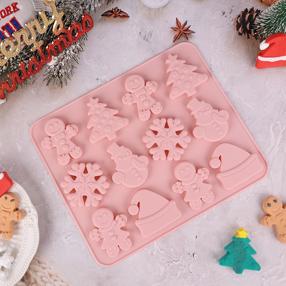 Khuôn Silicone 12 Ngăn Làm Bánh Kẹo Hình Người Tuyết 3D DIY