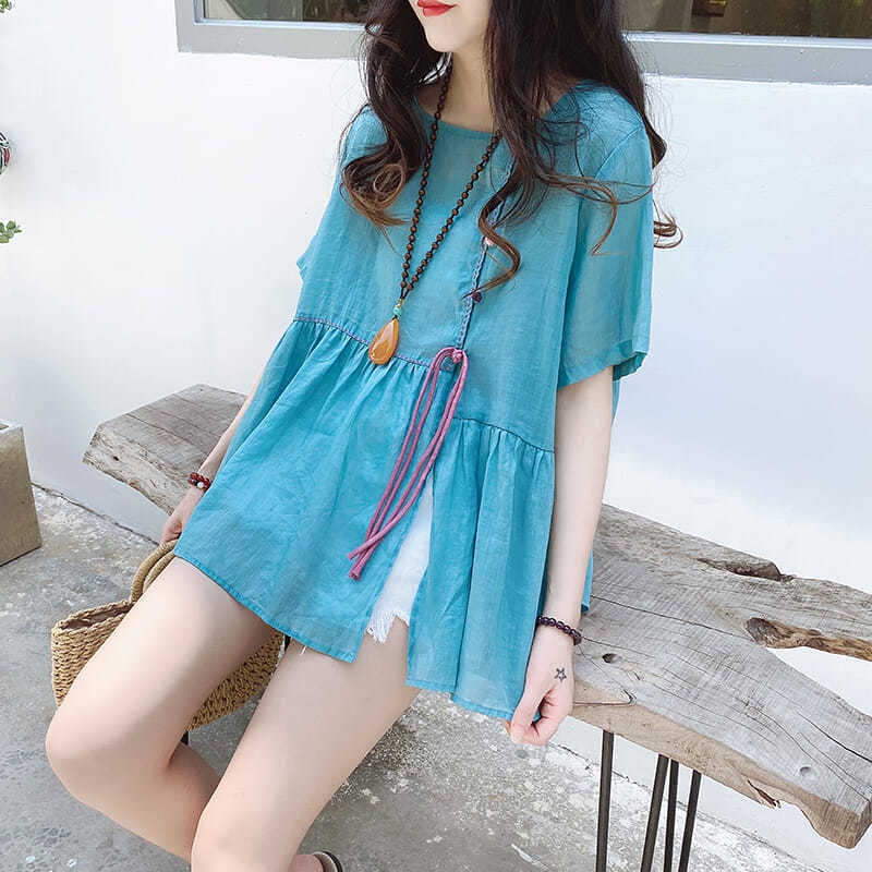 Áo Sơ Mi Cổ Tròn Dáng Rộng Mỏng Màu Sắc Ngọt Ngào Xẻ Tà Cài Khóa Phong Cách Phương Tây Cho Nữ