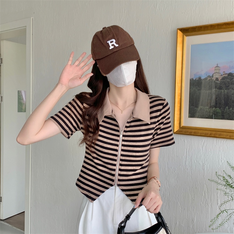 Áo thun polo dệt kim ZHELIHANGFEI họa tiết kẻ sọc thiết kế lệch tà thời trang cá tính cho nữ