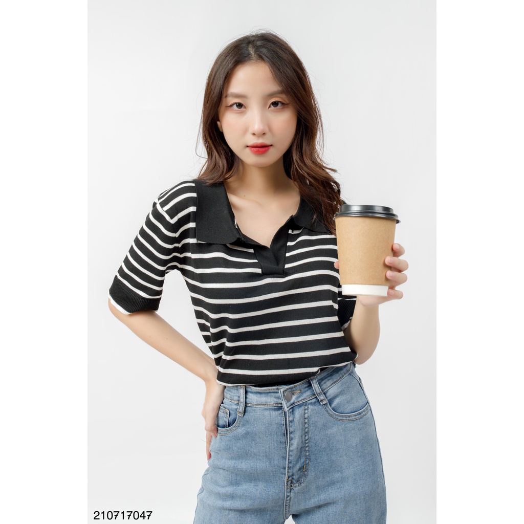 Áo len dệt kim nữ FM Style cổ tròn tay ngắn Hàn Quốc kẻ sọc ngang có cổ phong cách Ulzzang 210717045 | BigBuy360 - bigbuy360.vn